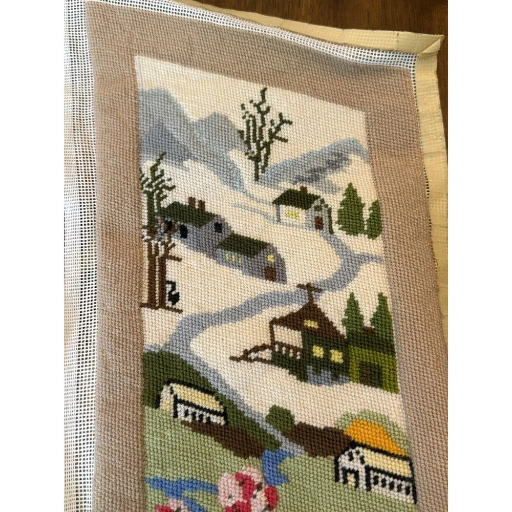 VTG Needlepoint Four Seasons  35” X 6 3/4” Cottage Core Cabin Ready To Frame